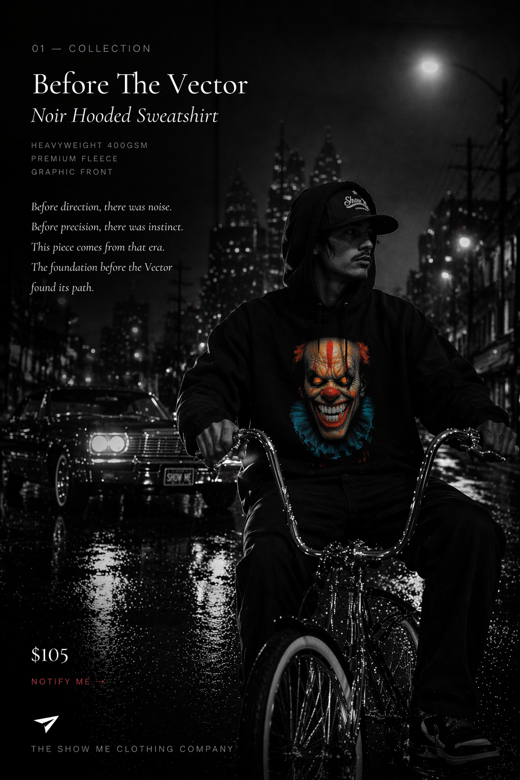 Before The Vector — Noir Hooded Sweatshirt — $105